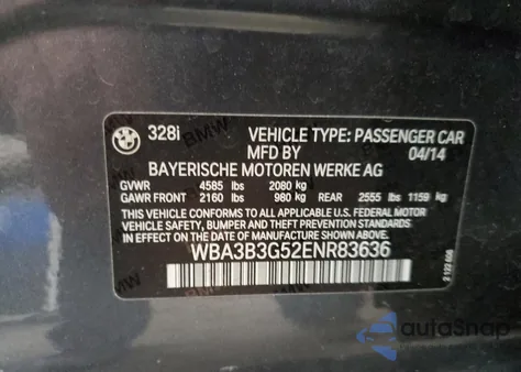 2014 BMW 328 Xi из США, поврежденный, VIN WBA3B3G52ENR83636